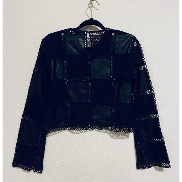 Zara Top Womens Medium Black Vegan Leather Crochet Patchwork Whimsigoth Punk - Picture 4 of 8